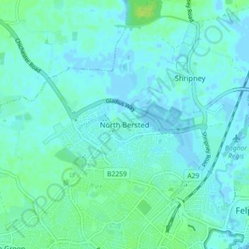 Mappa topografica North Bersted, altitudine, rilievo