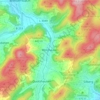 Mappa topografica Wolzhausen, altitudine, rilievo