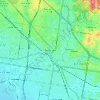 Mappa topografica Dandenong, altitudine, rilievo