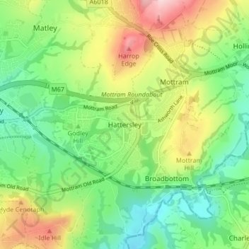 Mappa topografica Hattersley, altitudine, rilievo