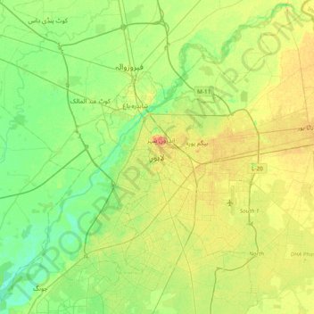 Mappa topografica لاہور, altitudine, rilievo
