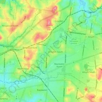 Mappa topografica Croydon South, altitudine, rilievo