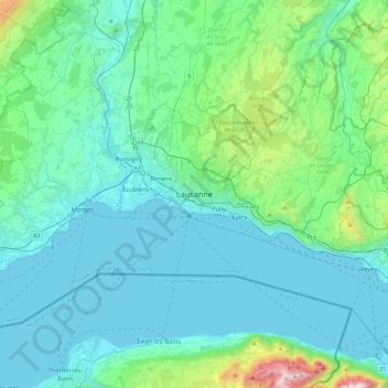Mappa topografica Losanna, altitudine, rilievo