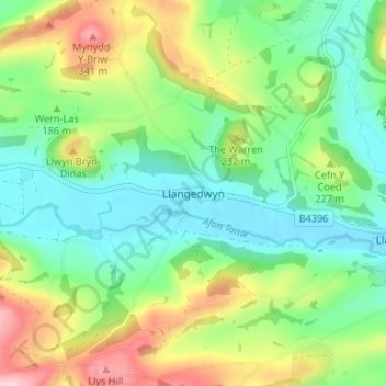 Mappa topografica Llangedwyn, altitudine, rilievo