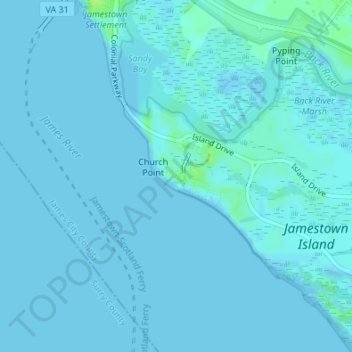 Mappa topografica Jamestown, altitudine, rilievo