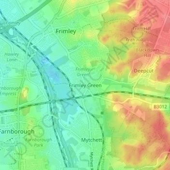 Mappa topografica Frimley Green, altitudine, rilievo