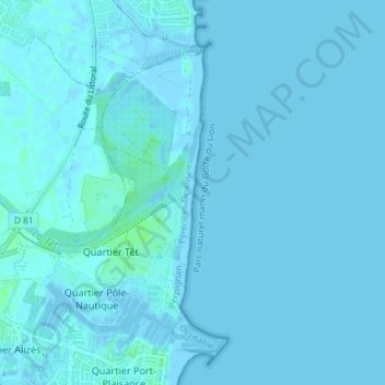 Mappa topografica Canet-en-Roussillon, altitudine, rilievo