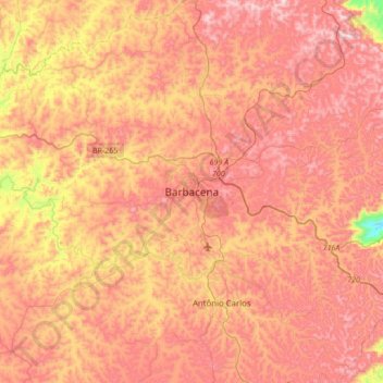 Mappa topografica Barbacena, altitudine, rilievo