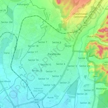 Mappa topografica Panchkula, altitudine, rilievo