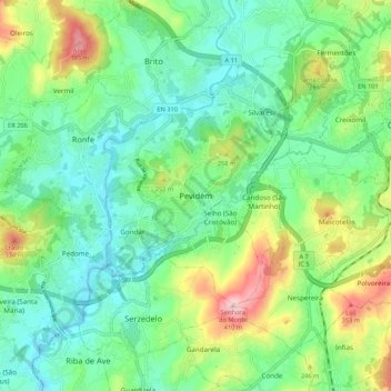 Mappa topografica Pevidém, altitudine, rilievo