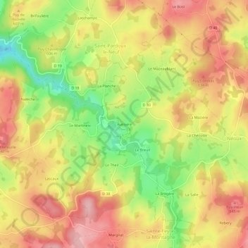 Mappa topografica Bussière, altitudine, rilievo