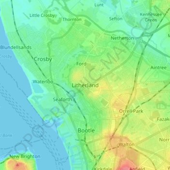 Mappa topografica Litherland, altitudine, rilievo