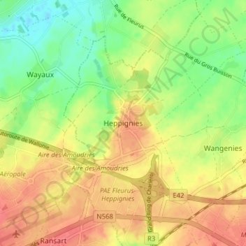 Mappa topografica Heppignies, altitudine, rilievo