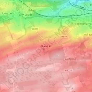 Mappa topografica Shieldhill, altitudine, rilievo