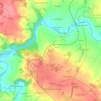 Mappa topografica Noussat, altitudine, rilievo