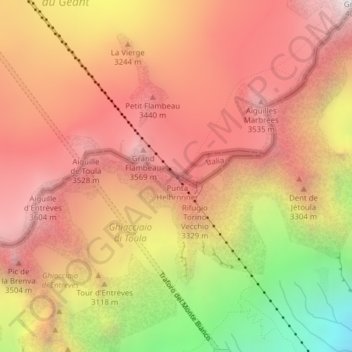 Mappa topografica Pointe Helbronner / Punta Helbronner, altitudine, rilievo