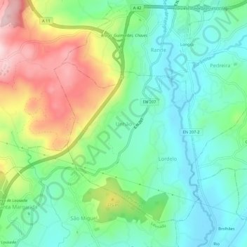 Mappa topografica Unhão, altitudine, rilievo