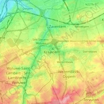 Mappa topografica Kraainem, altitudine, rilievo