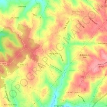 Mappa topografica Texugueira, altitudine, rilievo