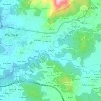 Mappa topografica Barbáns, altitudine, rilievo