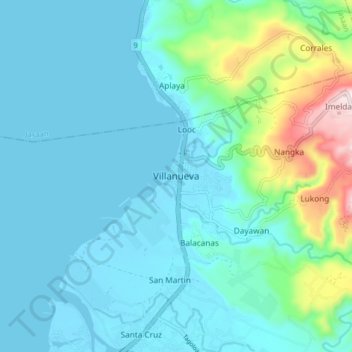 Mappa topografica Villanueva, altitudine, rilievo