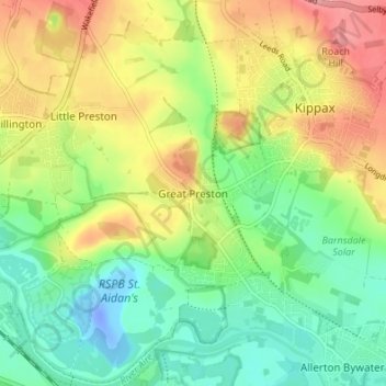 Mappa topografica Great Preston, altitudine, rilievo