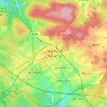 Mappa topografica Libramont-Chevigny, altitudine, rilievo