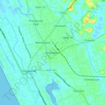 Mappa topografica Guruvayur, altitudine, rilievo