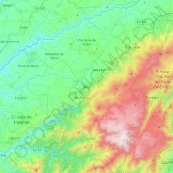 Mappa topografica Seia, altitudine, rilievo