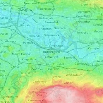 Mappa topografica Rutherglen, altitudine, rilievo