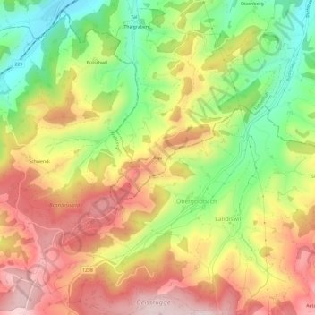 Mappa topografica Aspi, altitudine, rilievo