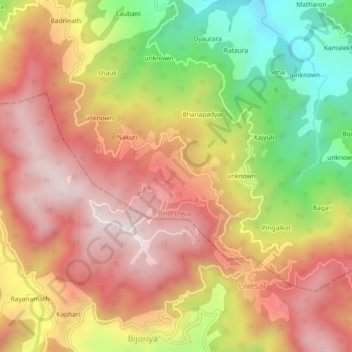 Mappa topografica Kausani, altitudine, rilievo