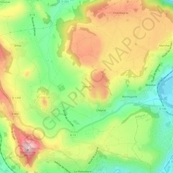 Mappa topografica Tressac, altitudine, rilievo