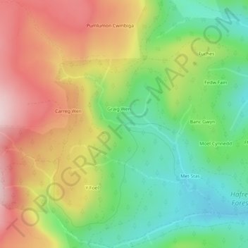 Mappa topografica Blaen Hafren, altitudine, rilievo