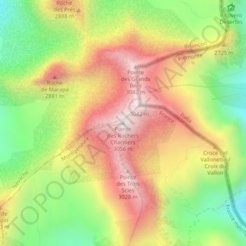 Mappa topografica Pointe des Rochers Charniers, altitudine, rilievo