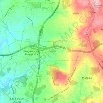 Mappa topografica Pousadela, altitudine, rilievo