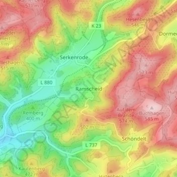 Mappa topografica Ramscheid, altitudine, rilievo