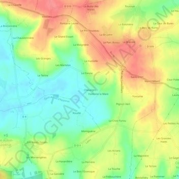 Mappa topografica Chauvigni, altitudine, rilievo