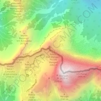 Mappa topografica Mangart Saddle, altitudine, rilievo