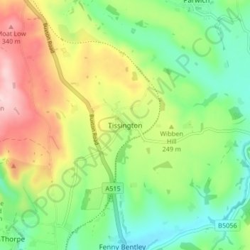 Mappa topografica Tissington, altitudine, rilievo