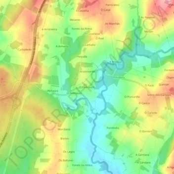 Mappa topografica O Pedrouzo, altitudine, rilievo