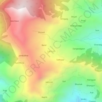 Mappa topografica Jakholi, altitudine, rilievo
