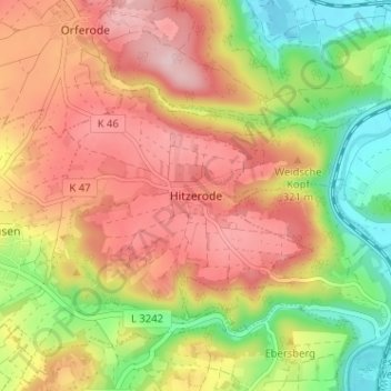 Mappa topografica Hitzerode, altitudine, rilievo