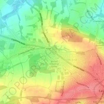 Mappa topografica Felbridge, altitudine, rilievo
