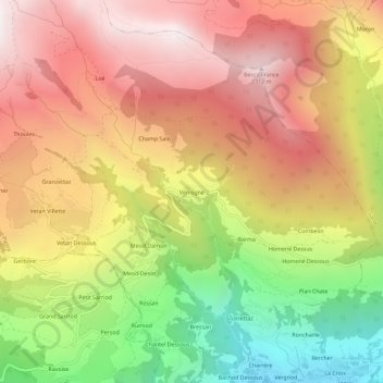 Mappa topografica Verrogne, altitudine, rilievo