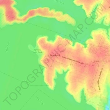 Mappa topografica Woodland, altitudine, rilievo
