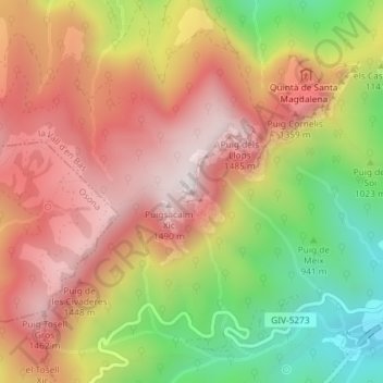 Mappa topografica Puigsacalm, altitudine, rilievo