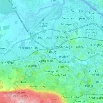Mappa topografica Paisley, altitudine, rilievo