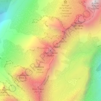 Mappa topografica Mont Charvet, altitudine, rilievo