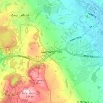 Mappa topografica Gwernymynydd, altitudine, rilievo